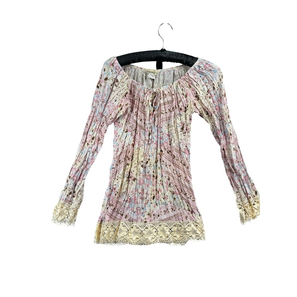 Jus d' Orange Paris Floral Lace Boho Peasant Blouse Crinkle Top France